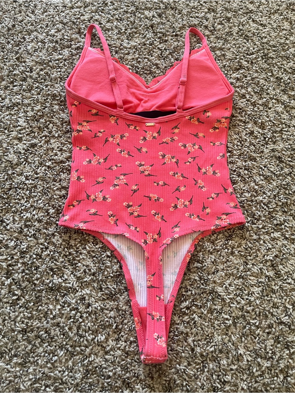 NWT Victoria's Secret PINK Floral Lace Trim Ribbed Bodysuit Cami Top XS Coral - Picture 2 of 15